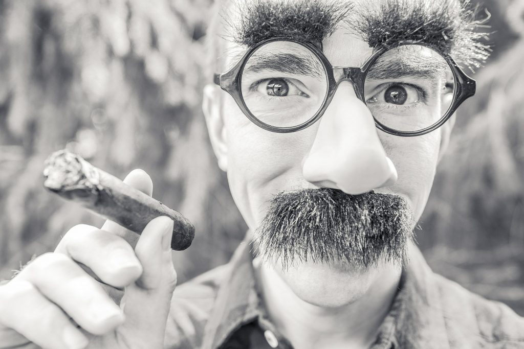 Man in a Groucho Marx nose and glasses holding a cigar