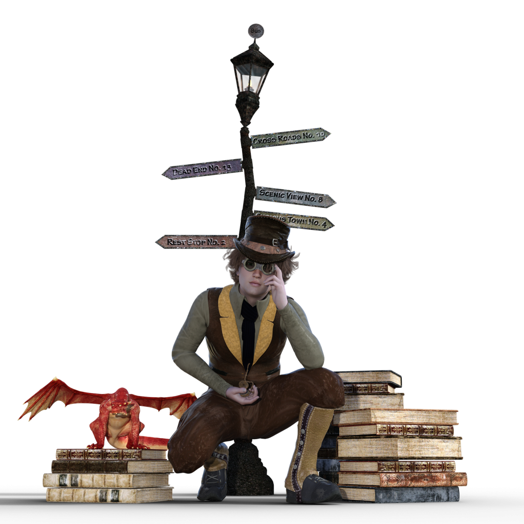 Steampunk looking fellow squatting amongst piles of books under a street lamp with direction signs