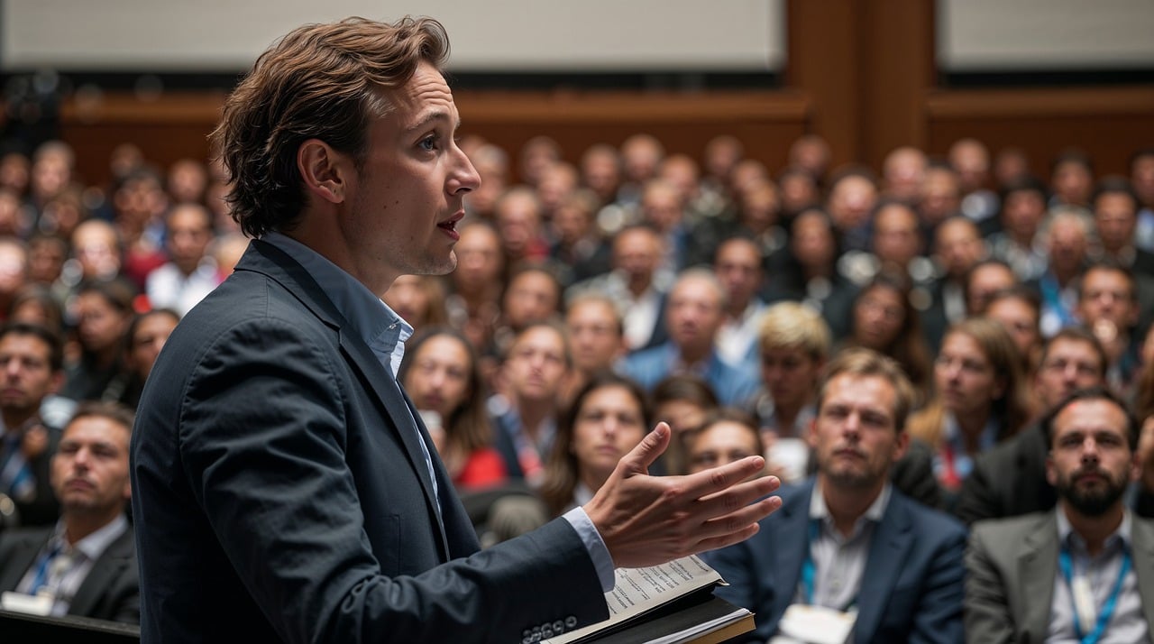 A political candidate speaking in front of a large crowd illustrating that podcasting for politicians can be a powerful tool.