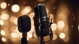 Microphones in front of sparkly lights