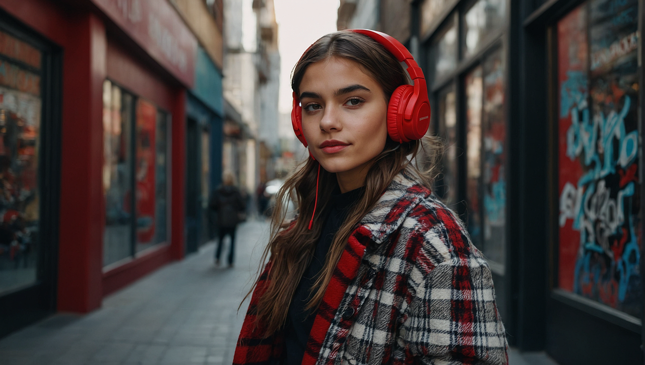 Woman wearing red headphone listening to organic content like branded podcasts