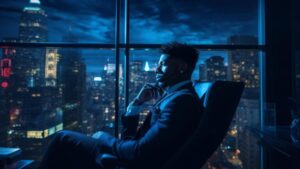 Businessman at his desk in the city at night. 