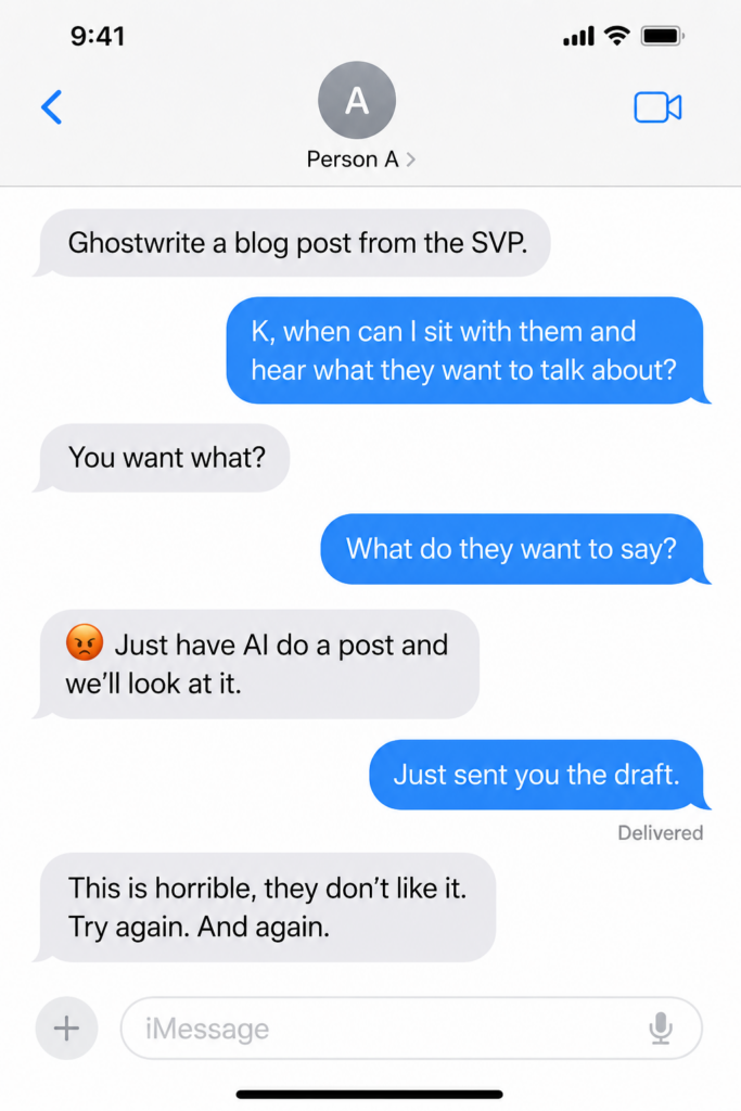 Text exchange about an executive thought leadership task