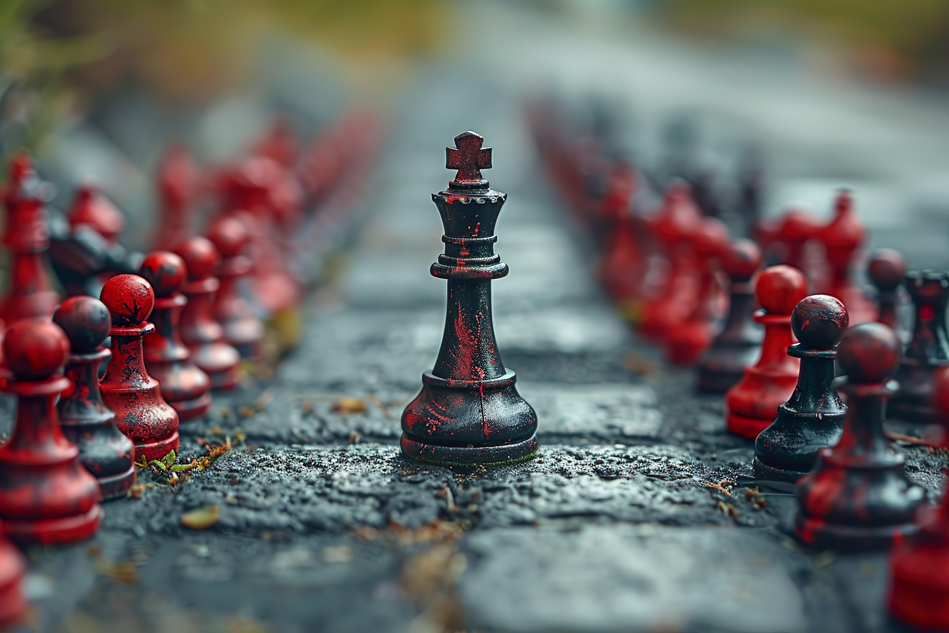 Chess pieces lined up around the king illustrating becoming a premier thought leader.